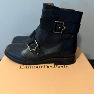 L’Amour Des Pieds Rashtin Black Leather Ankle Boots Zip Buckle 9M
